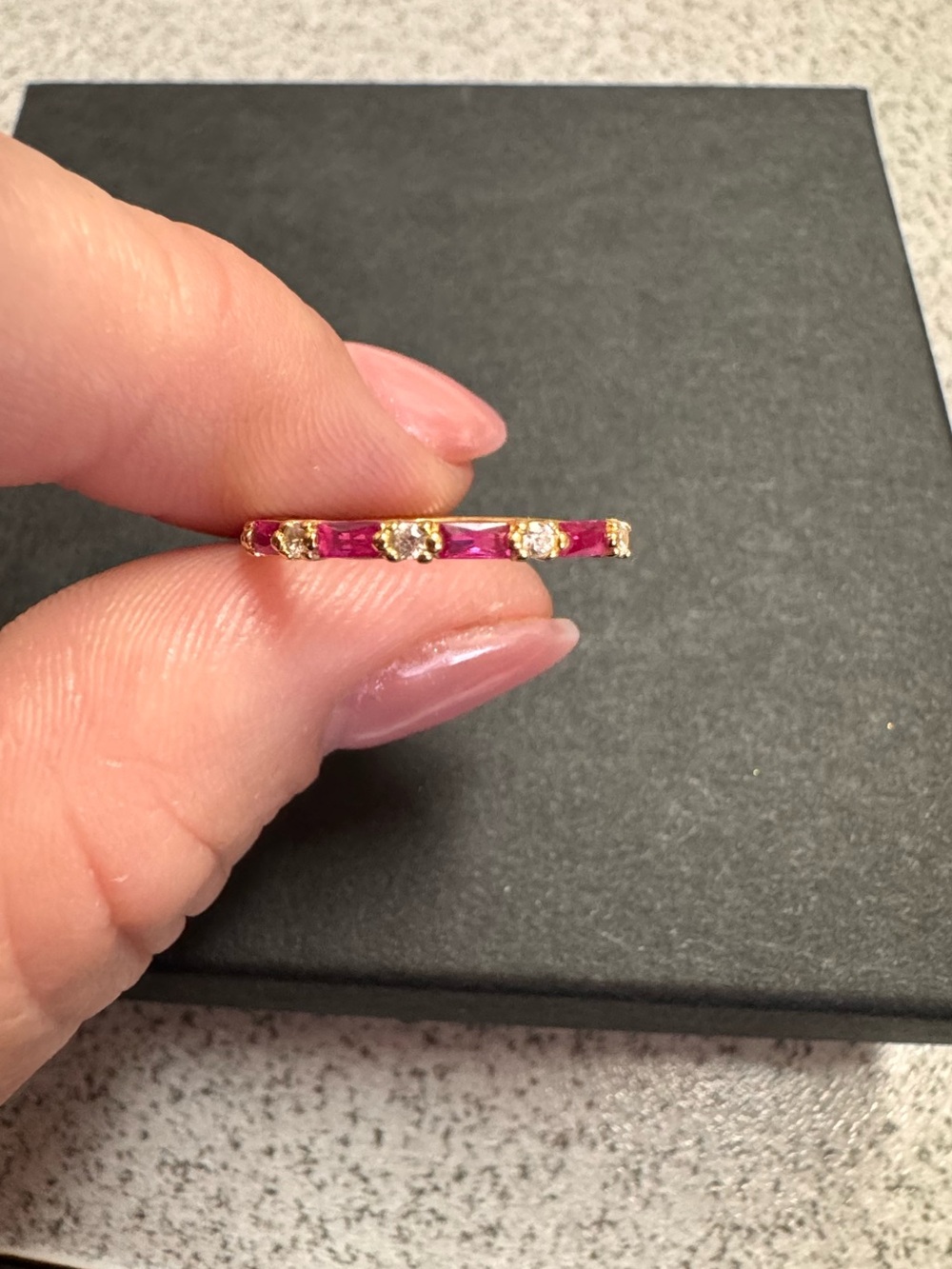 Gold Band Ring with Pink and Clear Stones - Picture 4 of 5